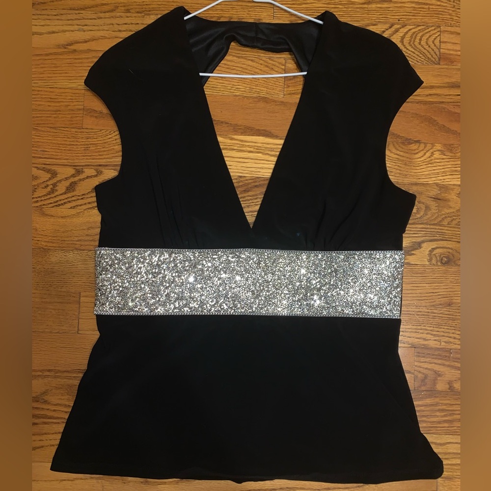 Boston Proper Black Silver Shine V-Neck Top
